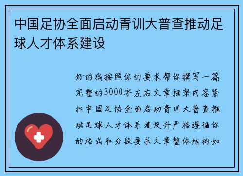 中国足协全面启动青训大普查推动足球人才体系建设