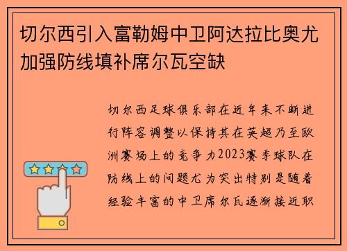 切尔西引入富勒姆中卫阿达拉比奥尤加强防线填补席尔瓦空缺 切尔西引入富勒姆中卫阿达拉比奥尤加强防线填补席尔瓦空缺